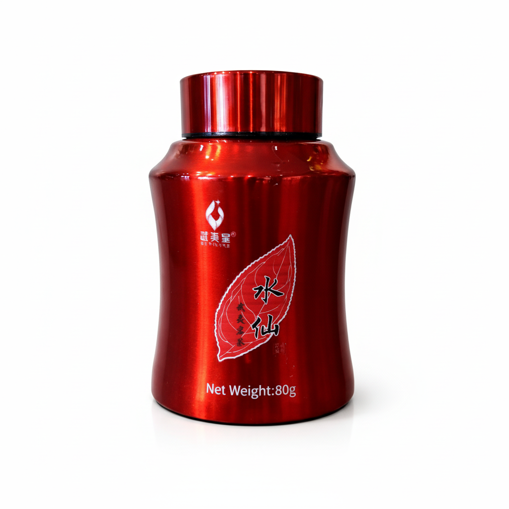 Wuyi Shuixian oolong tea in red metallic tin canister